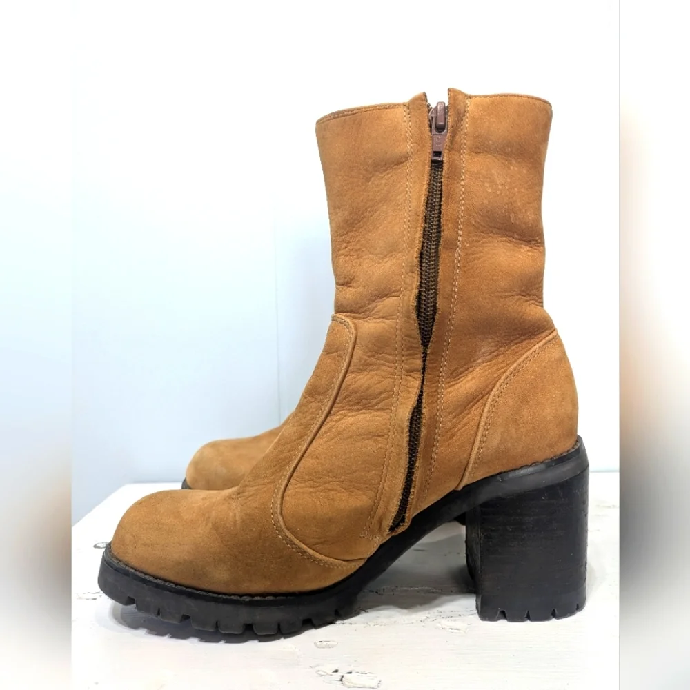 Vintage Y2K Brown Leather Chunky Heeled Ankle Boots Side Zip Boho Bratz Size 6 - Picture 2 of 12